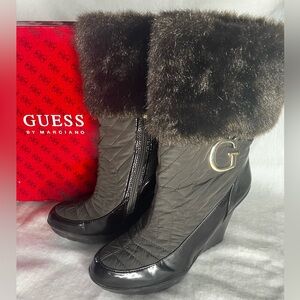 GUESS, Brown Wedge "Gwemilia" Boots w/Faux Fur Cuffs & Side Zip. Women’s size 10